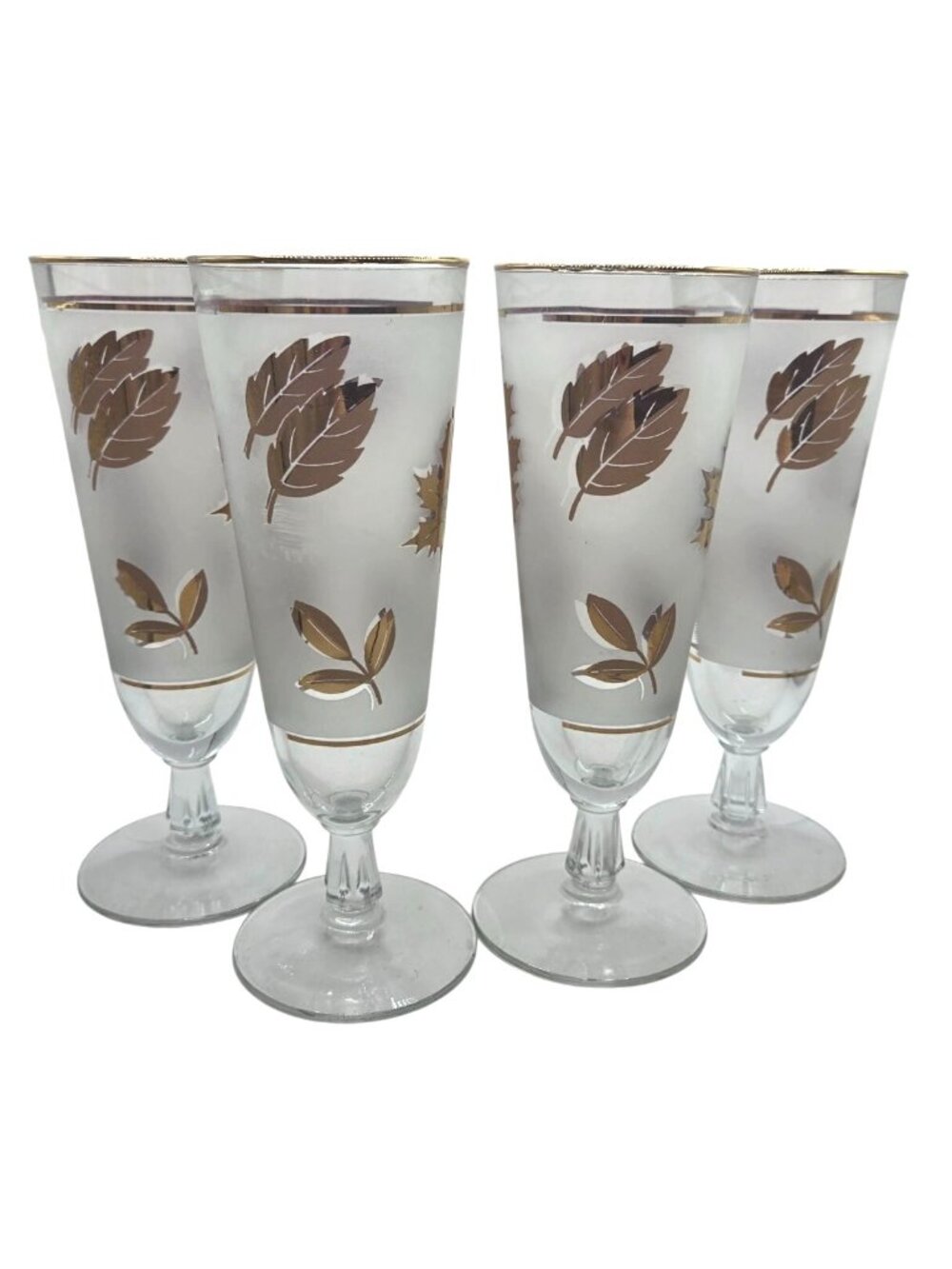 Vintage Libbey Golden Foliage Pilsner Frosted Glasses Gold Leaf Trim MCM 60's